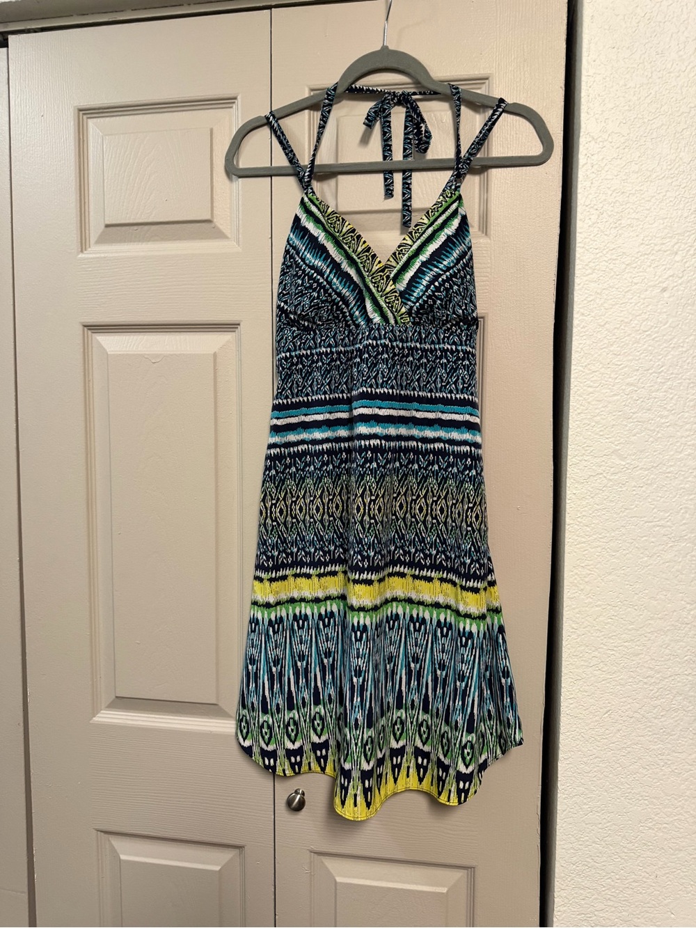 Athleta teal and yellow cross back sundress